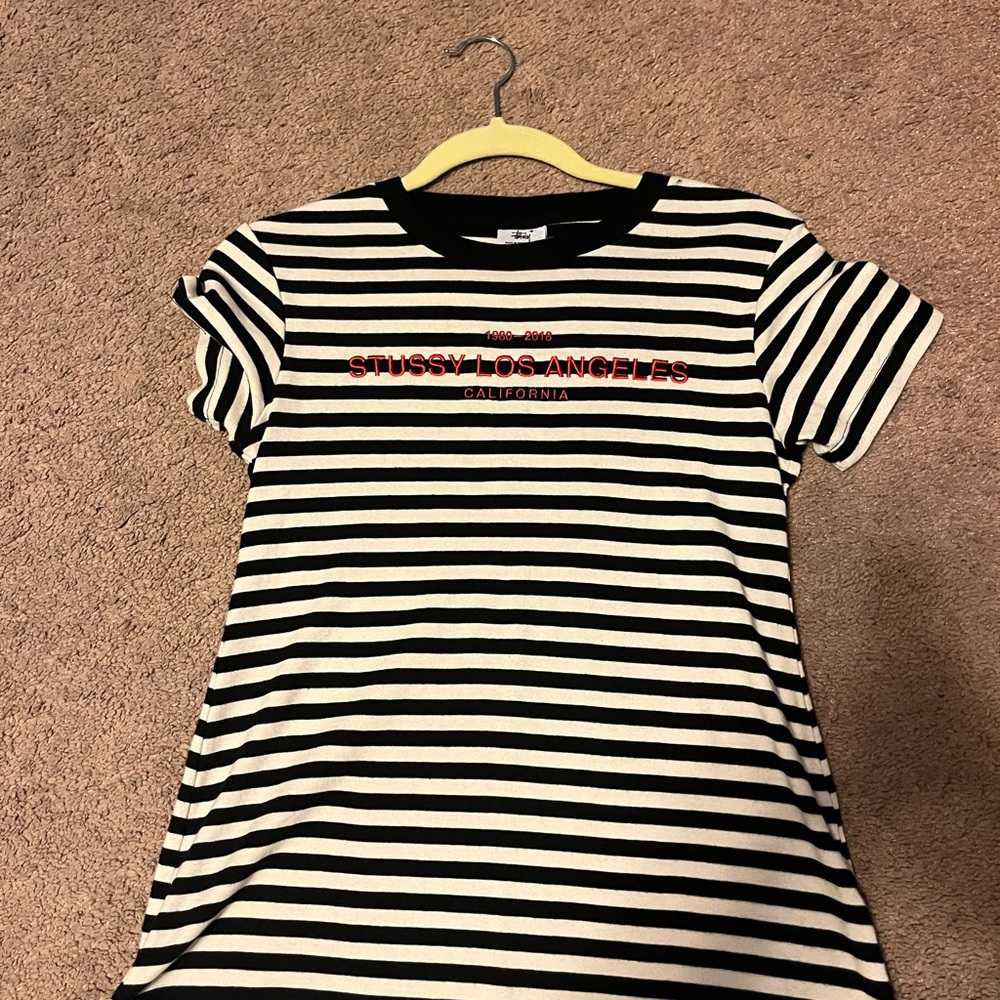 Stussy Black and White Striped Dress with Red Detail